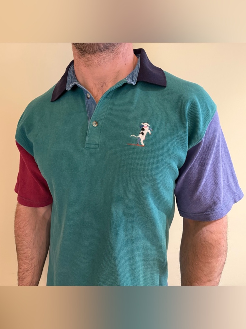 Vintage Cow’s Colorblock Polo Shirt with Embroidered Motif